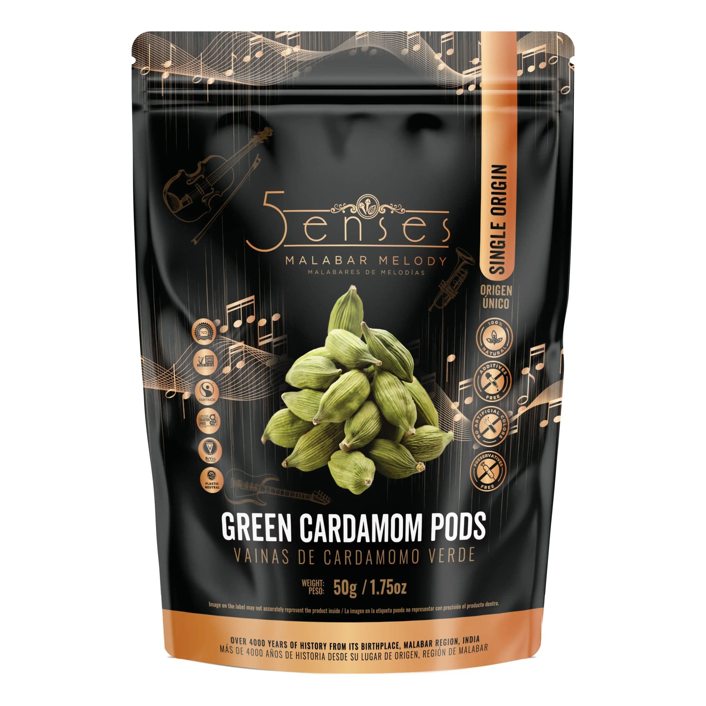 5Senses Malabar Melody single-origin green cardamom pods in the original resealable pouch