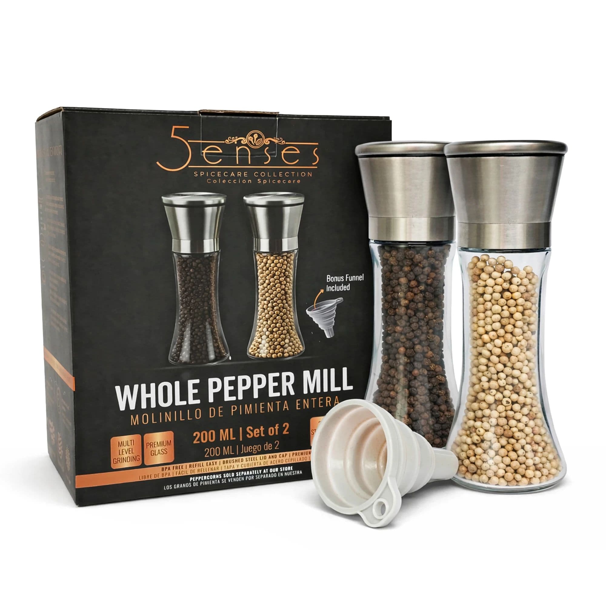 5Senses SpiceCare Whole Pepper Mill Set with two mills, packaging, and filling funnel